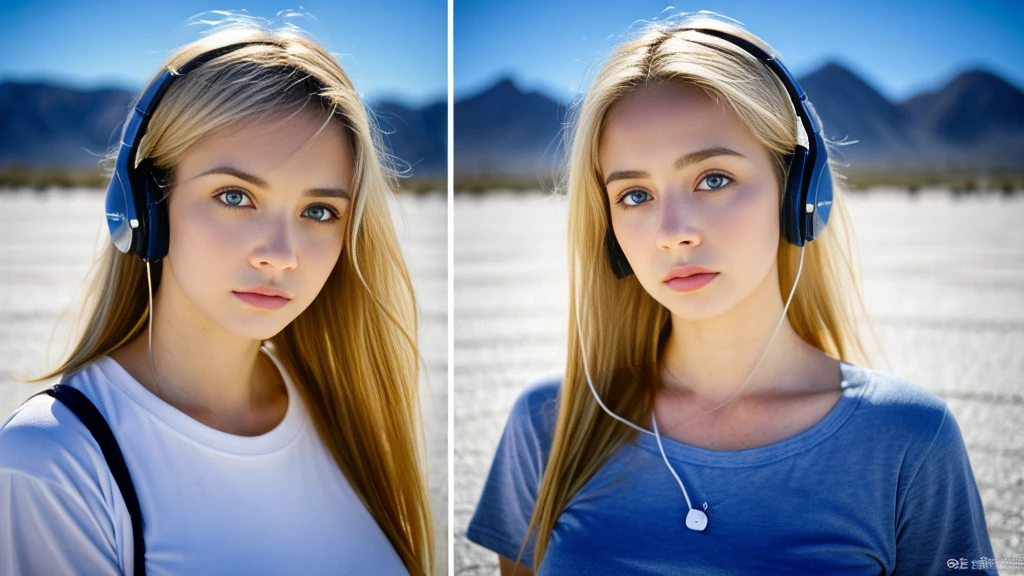 Beautiful blonde with big breasts in a T-shirt (Uyuni Salt Flats at night、walk),Wearing headphones,Very detailed, 21 years old, Innocent face, Long Straight Hair, blue eyes, High resolution, masterpiece, Highest quality, Intricate details, Very detailed, Clear focus, Delicate skin, practical skin texture, texture, Delicate eyes, Professional, 4K, Sad face,despair、 Shot with Canon, 85mm, Shallow and deep,  Kodak Vision Color, Exactly, Very detailed, photograph_\(Extremist\), photographpractical, practical, Post-processing, Maximum details, Roughness, Real Life, Extremist practical, Photorealism, photographgraphy, 8K Ultra HD, photographgraphy