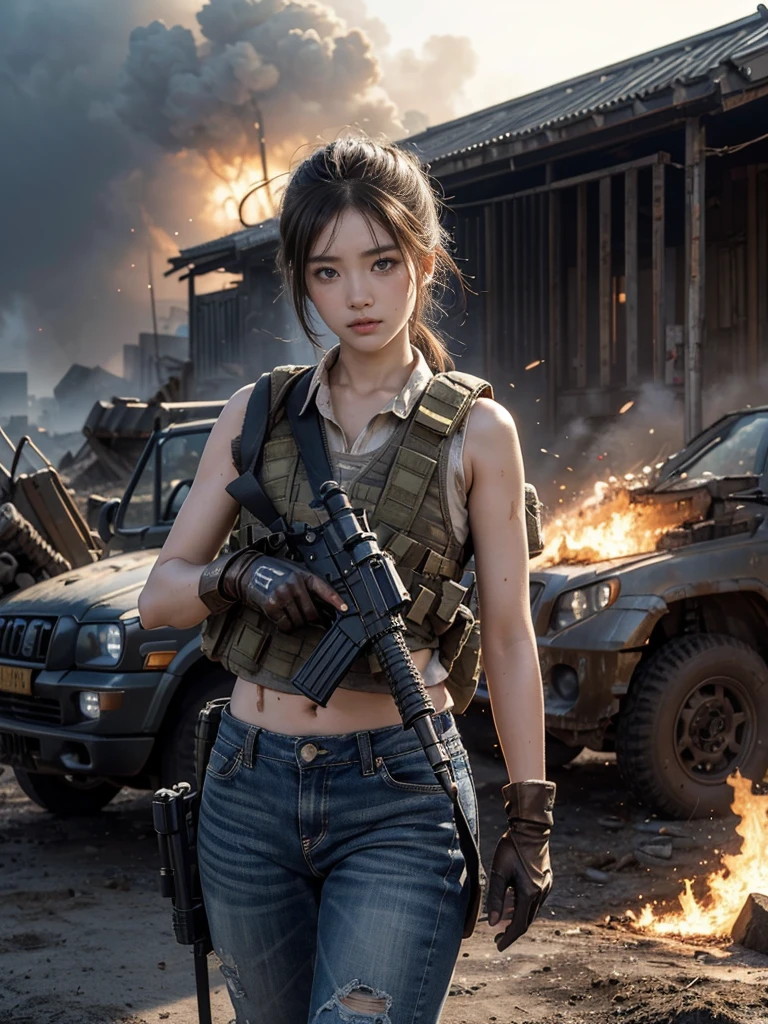 (8K, RAW photos, best quality, masterpiece:1.2),(Practical, Practicalな写真:1.4),(Highly detailed CG Unity 8K wallpaper),(Round Face: 1.5), (Fine pupils:1.3),(Cold eyes:1.1),(Unforgettable eyes:1.1),(You have beautiful eyes:1.1),
24 years old, Korean woman, Delicate and beautiful face、Sexy,Bronze skin, You are wearing clothes.s. Hold an assault rifle in both hands,Marines,Bulletproof vest、Backpack、heavy equipment、 Battles on the battlefield, Strong muscles, World War, Modern war themes,Army girl, running、Assault rifle with precise details, (Hold on to your rifle.: 1.3), (Aim and hold the rifle.: 1.3), Shootout, , Baseball cap, car on fire, War Zone,, explode, Burning City, cigarette, Broken Tower, belly button, Gloves, Torn pants, A face stained with mud and blood, Sweating of the skin, Bloody Skin, muddy skin, Declaration of determination, Accurate expression, best quality, Ultra-high resolution, Practicalな, 、Physically Based Rendering(Physically Based Rendering(Physically Based Rendering)), light, complicated, Feeling,像一样柔和的light, Pleasant tone, Battlefield Background, city war background, Practical, Cowboy shooting, Dynamic Angle,, Mahindra Thar, electric wire, 8K!!, 偉大なmasterpiece,, Production: Tom Karafik、Impressive pose
