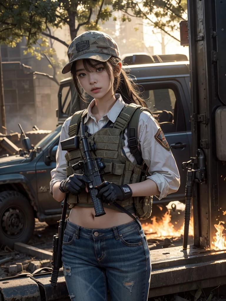(8K, RAW photos, best quality, masterpiece:1.2),(Practical, Practicalな写真:1.4),(Highly detailed CG Unity 8K wallpaper),(Round Face: 1.5), (Fine pupils:1.3),(Cold eyes:1.1),(Unforgettable eyes:1.1),(You have beautiful eyes:1.1),
24 years old, Korean woman, Delicate and beautiful face、Sexy，Bronze skin, You are wearing clothes.s. Hold an assault rifle in both hands，Marines,Bulletproof vest、Backpack、heavy equipment、 Battles on the battlefield, Strong muscles, World War, Modern war themes,Army girl, running、Assault rifle with precise details, (Hold on to your rifle.: 1.3), (Aim and hold the rifle.: 1.3), Shootout, , Baseball cap, car on fire, War Zone,, explode, Burning City, cigarette, Broken Tower, belly button, Gloves, Torn pants, A face stained with mud and blood, Sweating of the skin, Bloody Skin, muddy skin, Declaration of determination, Accurate expression, best quality, Ultra-high resolution, Practicalな, 、Physically Based Rendering(Physically Based Rendering(Physically Based Rendering)), light, complicated, Feeling,像一样柔和的light, Pleasant tone, Battlefield Background, city war background, Practical, Cowboy shooting, Dynamic Angle,, Mahindra Thar, electric wire, 8K!!, 偉大なmasterpiece,, Production: Tom Karafik、Impressive pose