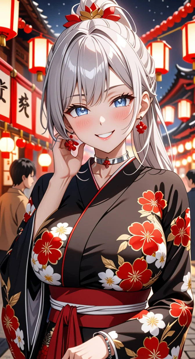 ((one girl)), hyper detailed, absurdres, 8K,Cute face, (Laugh shyly), ((teasing smile:1.8)), ((Wink:1.8)), (Laugh with your mouth wide open:1.3),(Tilt your head:1.3), View your viewers, ((Bright red cheeks:1.6)),Glossy Red Lips, ((Big Breasts:1.5)) night, Shrine festival stalls, (Brighten your face), ((Anime style background)),masterpiece, Highest quality, so beautiful,Latest, Complex details, (Pink long nails), (nail art), (ring),(bracelet), (Floral Choker),AI-generated, Complex,High resolution, Highest quality, super high quality,3D Images、3D Images,One person,Long white hair,(High Ponytail), Anime woman posing for a photo,((blue eyes:1.2)), ((Fine grain、Silver Eyes、Shining Eyes:1.7)), (Squint your eyes:1.1),a hyperRealistic , hyperRealistic , Realistic,Anime woman with long white hair, Smooth anime CG art, With gold embroidery、A girl in a gorgeous kimono, ((Black long sleeve kimono:1.3)),(Red large floral pattern) ,Long flower hair ornament,Floral Earrings,Mature Body, expensive,Abdominal muscles,Tight waist,((Zoom in on face:2.1)),