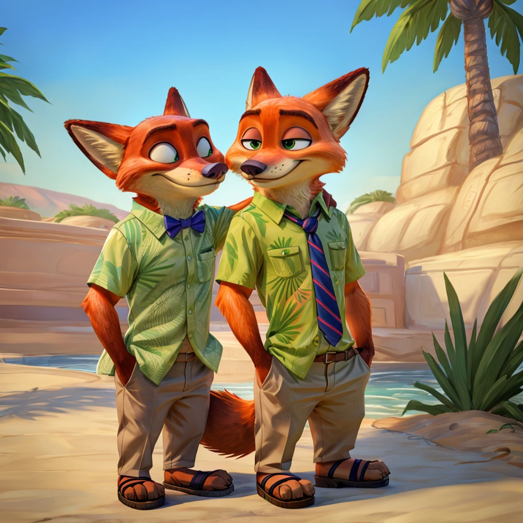 Nick Wilde top Hawaiian green shirt with bow tie, and khaki trousers, brown heeled sandals, digital art, ((perfect face)), ((Best quality)), ((masterpiece))