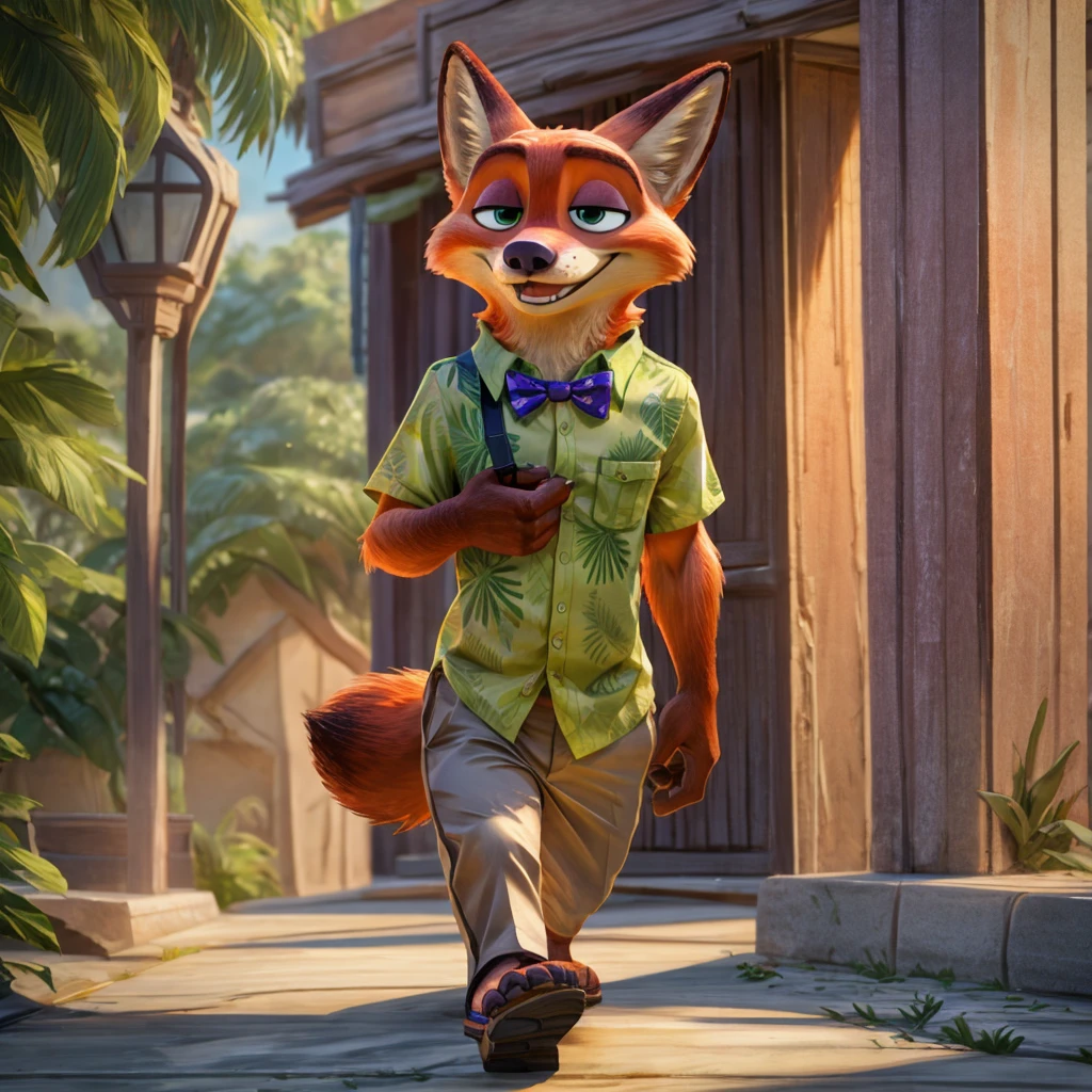 Nick Wilde top Hawaiian green shirt with bow tie, and khaki trousers, brown heeled sandals, digital art, ((perfect face)), ((Best quality)), ((masterpiece))