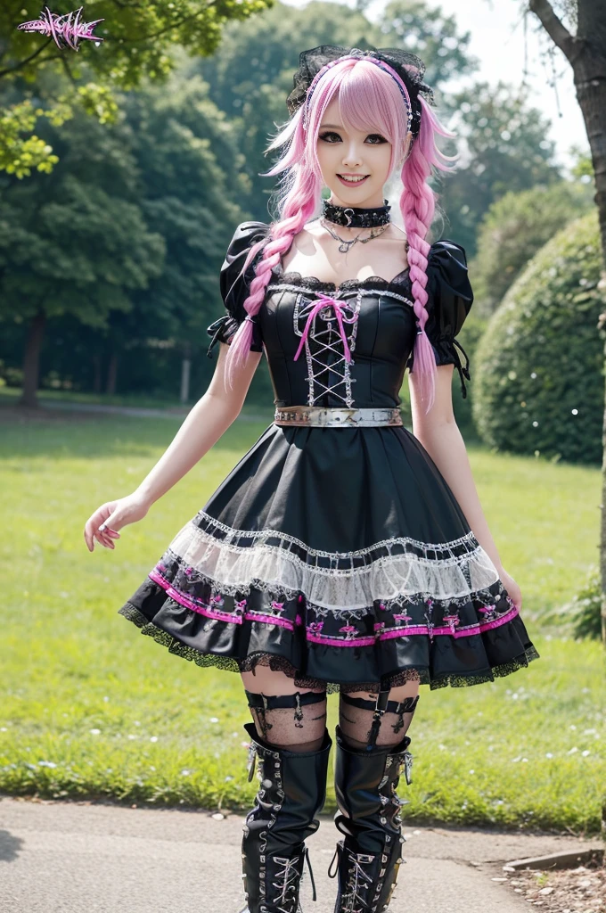 sexy stylish Swedish model, only 1 female, ((doll-like appearance)), long neon pink stylish hair, ((shiny Punk-Style boots)), (smiling face), ultra detailed eyes, Punk makeup, lipgloss, ((sexy Punk Lolita cosplay)), unconventional skirt, petticoats, high neckline, ((ultra detailed lace)), ((ultra detailed embroidery)), intricate details, tartan patterns, (silver chains), (silver spikes), (safety pins), Punk Lolita accessoires, Punk Lolita choker, ((large sparkling Punk Lolita jewelry)), cinematic light, detailed large park background with trees