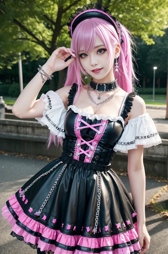 sexy stylish Swedish model, only 1 female, ((doll-like appearance)), long neon pink stylish hair, ((shiny Punk-Style boots)), (smiling face), ultra detailed eyes, Punk makeup, lipgloss, ((sexy Punk Lolita cosplay)), unconventional skirt, petticoats, high neckline, ((ultra detailed lace)), ((ultra detailed embroidery)), intricate details, tartan patterns, (silver chains), (silver spikes), (safety pins), Punk Lolita accessoires, Punk Lolita choker, ((large sparkling Punk Lolita jewelry)), cinematic light, detailed large park background with trees