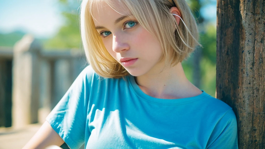 Beautiful blonde with big breasts in a T-shirt (Uyuni salt lake、walk),Wearing headphones,Very detailed, 21 years old, Innocent face, Bob Hair, blue eyes, High resolution, masterpiece, Highest quality, Intricate details, Very detailed, Clear focus, Delicate skin, practical skin texture, texture, Delicate eyes, Professional, 4K, Sad face,despair、 Shot with Canon, 85mm, Shallow and deep,  Kodak Vision Color, Exactly, Very detailed, photograph_\(Extremist\), photographpractical, practical, Post-processing, Maximum details, Roughness, Real Life, Extremist practical, Photorealism, photographgraphy, 8K Ultra HD, photographgraphy
