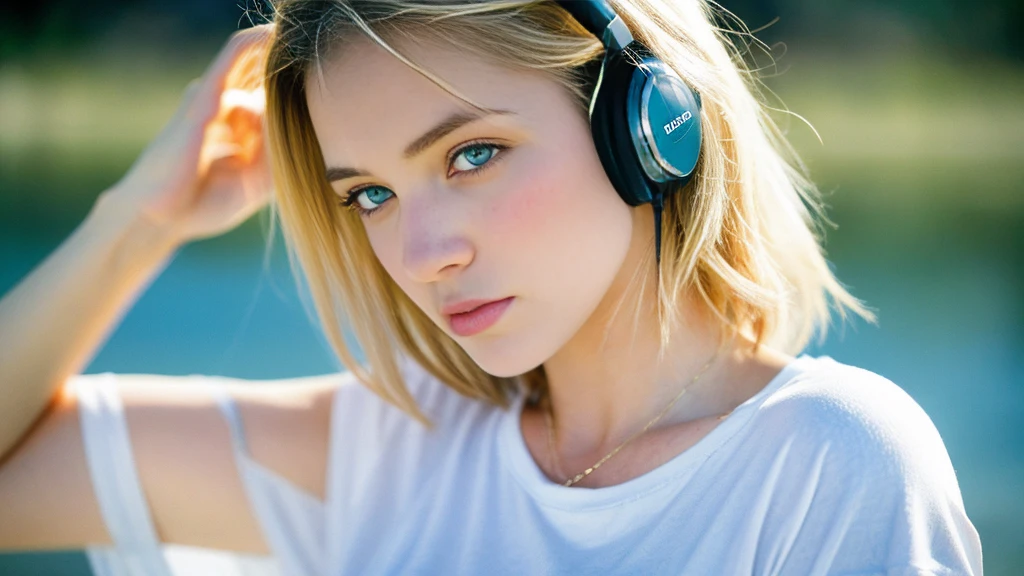 Beautiful blonde with big breasts in a T-shirt (Uyuni salt lake、walk),Wearing headphones,Very detailed, 21 years old, Innocent face, Bob Hair, blue eyes, High resolution, masterpiece, Highest quality, Intricate details, Very detailed, Clear focus, Delicate skin, practical skin texture, texture, Delicate eyes, Professional, 4K, Sad face,despair、 Shot with Canon, 85mm, Shallow and deep, Kodak Vision Color, Exactly, Very detailed, photograph_\(Extremist\), photographpractical, practical, Post-processing, Maximum details, Roughness, Real Life, Extremist practical, Photorealism, photographgraphy, 8K Ultra HD, photographgraphy