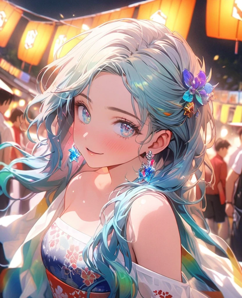 8K,gal，an extremely delicate and beautiful,Beautiful and realistic skin,Shiny jewel-like earrings,Long colorful hair,beautiful eyes,whole body,head to toe,beautiful regs,beautiful Happi,summer festival 
