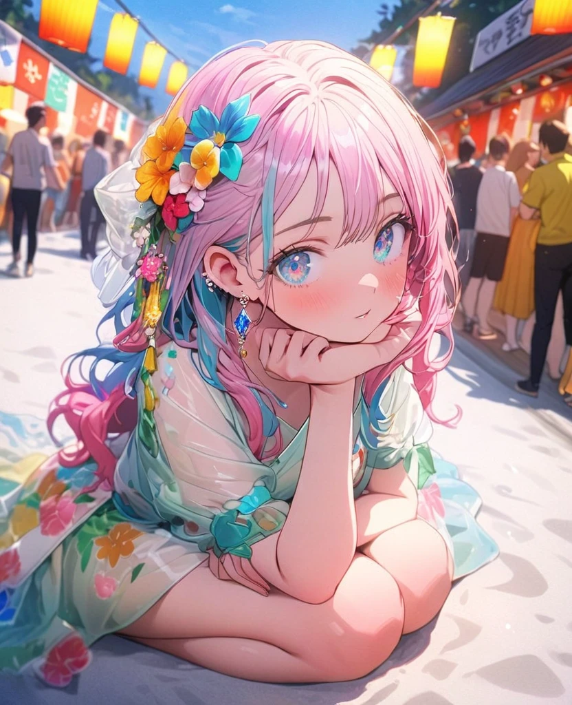 8K,gal,an extremely delicate and beautiful,Beautiful and realistic skin,Shiny jewel-like earrings,Long colorful hair,beautiful eyes,whole body,head to toe,beautiful regs,beautiful Happi,summer festival