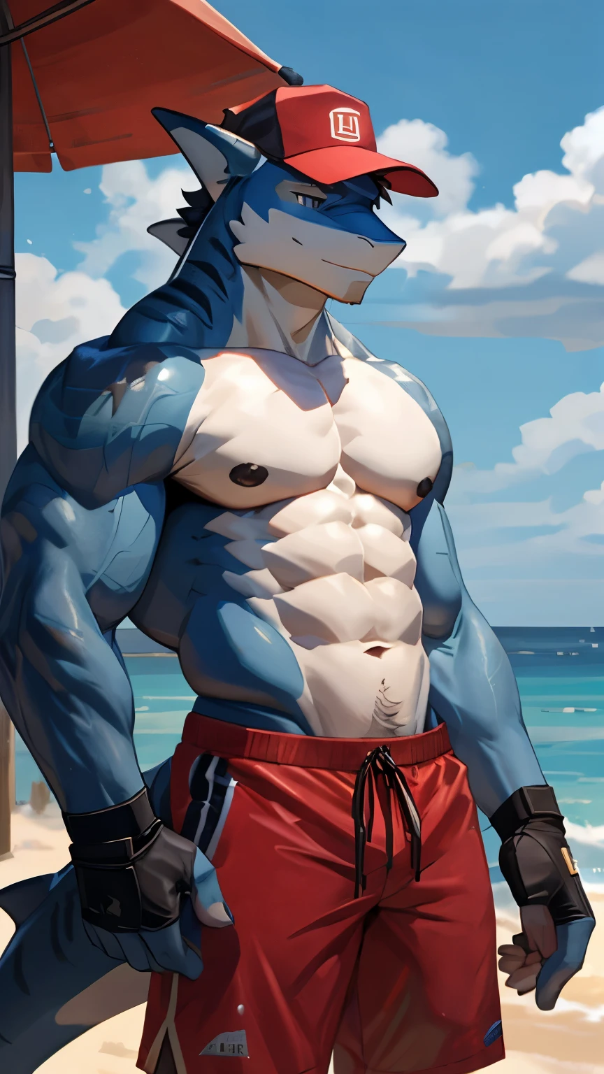 Anthropomorphic character, 21 years old man, white great shark, muscular 0,8, abs, lean body, v-taper 1,2, blue skin, white briliant belly, black nipples, shirtless, red shorts, red hat, red cap, ((black fingerless gloves)), black headphone on the neck, black duffel bag, live guard, beach, sunny,