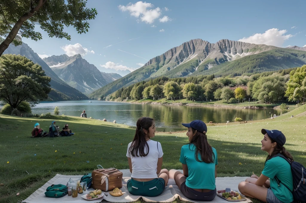 Italy. NSFW. Create a highly realistic scene set in the highlands of Lombardy, Italy, where a group of Italian girls, including -yeld teounger girls, are enjoying a picnic lunch by a mountain lake.

 The group, made up of approximately 8-10 girls, is sittinon the grassy bank of a serene mountain lake. They are all dressed in colorful short-sleeved T-shirts, knee-length shorts and baseball caps of various bright colors. Their outfits are casual and sporty, ideal for a day of outdoor activities.
 The slightly older and more confident 12-year-old girls areosied ine center, sharing sandwiches and chatting animatedly. Their expressions are bright and cheerful, reflecting their enjoyment of the meal and the scenic surroundings.
 Around them, sitting on the grass, even the youngest children, aged betweeandwiches and snackhey are engagd in pyful conversation, some giggling and others pointing out interesting places around the lake. Their caps and colorful T-shirts create a vibrant mosaic of colors on the lush green grass.
 Some girls have small backpacks or picnic blankets spread out next to them, containing additional snacks, water bottles and personal items. A few pairs of sneakers and water bottles are placed casually nearby, helping to create a relaxed atmosphere.

In the background, many kids sitting having lunch on the grass, the clear and calm lake reflects the imposing and majestic mountains that rise near the shore. The peaks are rugged and imposing, with some patches of snow even in summer, enhancing the dramatic natural beauty of the scene. The sky above is partly cloudy, with rays of sunlight breaking through and illuminating the lake and the girls, casting a warm, golden light.

The scene captures the joyful and relaxed moment of the girls enjoying the picnic, with the beautiful backdrop of the mountain lake and peaks adding a sense of adventure and tranquility in the landscape of upper Lombardy.