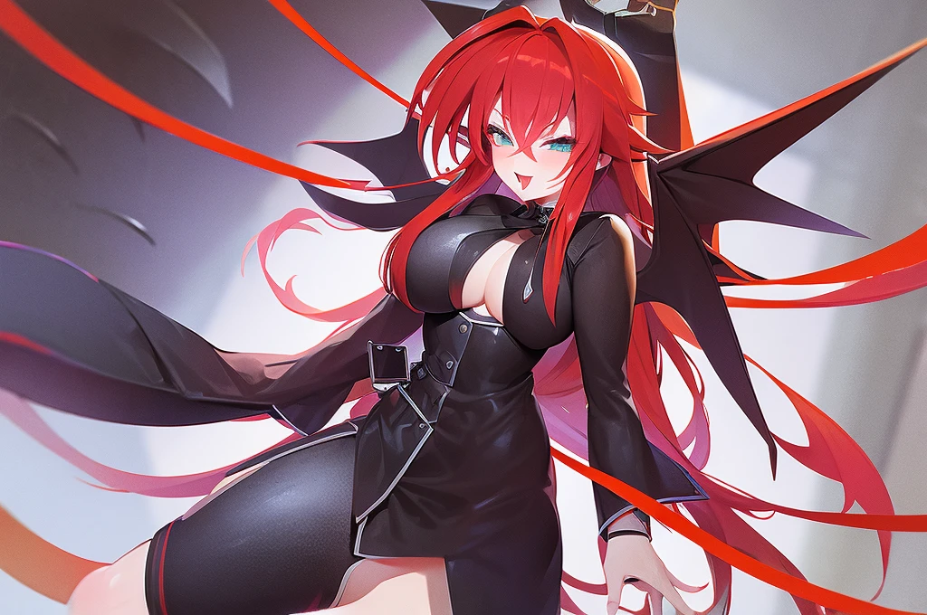 rias gremory Lady sucubbus with wings and horns in black leather outfit with red belt and red ribbons on her legs, ahegao, tongue out, big breasted, sexy, nsfw
