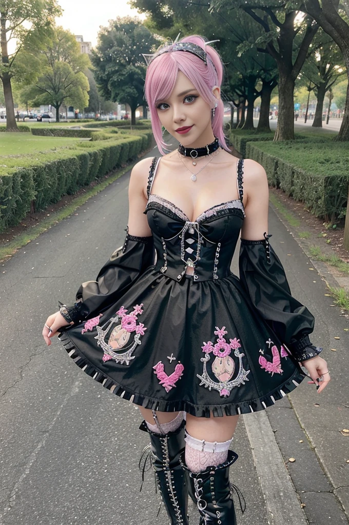 sexy stylish Swedish model, only 1 female, ((doll-like appearance)), long neon pink stylish hair, ((shiny Punk-Style boots)), (smiling face), ultra detailed eyes, Punk makeup, lipgloss, ((sexy Punk Lolita cosplay)), unconventional skirt, petticoats, high neckline, ((ultra detailed lace)), ((ultra detailed embroidery)), intricate details, tartan patterns, (silver chains), (silver spikes), (safety pins), Punk Lolita accessoires, Punk Lolita choker, ((large sparkling Punk Lolita jewelry)), cinematic light, detailed large park background with trees