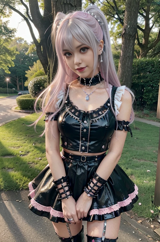 sexy stylish Swedish model, only 1 female, ((doll-like appearance)), long neon pink stylish hair, ((shiny Punk-Style boots)), (smiling face), ultra detailed eyes, Punk makeup, lipgloss, ((sexy Punk Lolita cosplay)), unconventional skirt, petticoats, high neckline, ((ultra detailed lace)), ((ultra detailed embroidery)), intricate details, tartan patterns, (silver chains), (silver spikes), (safety pins), Punk Lolita accessoires, Punk Lolita choker, ((large sparkling Punk Lolita jewelry)), cinematic light, detailed large park background with trees