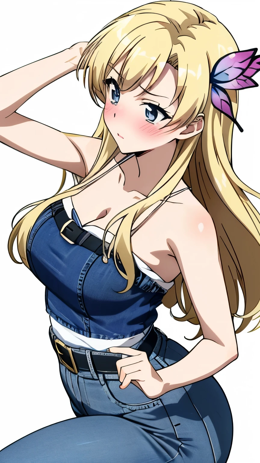 (masterpiece, best quality, 8k:1.2), (anime), sena, long hair, Blonde, hair ornament, glamour, Large medium breasts, (jeans_lure_clothing , blush), dynamic angle