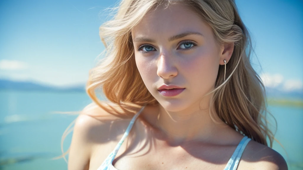 Beautiful blonde with big breasts in a one-piece (Uyuni salt lake、sit),Wearing headphones,Very detailed, 21 years old, Innocent face, Wavy Hair, blue eyes, High resolution, masterpiece, Highest quality, Intricate details, Very detailed, Clear focus, Delicate skin, practical skin texture, texture, Delicate eyes, Professional, 4K, Sad face,despair、 Shot with Canon, 85mm, Shallow and deep,  Kodak Vision Color, Exactly, Very detailed, photograph_\(Extremist\), photographpractical, practical, Post-processing, Maximum details, Roughness, Real Life, Extremist practical, Photorealism, photographgraphy, 8K Ultra HD, photographgraphy