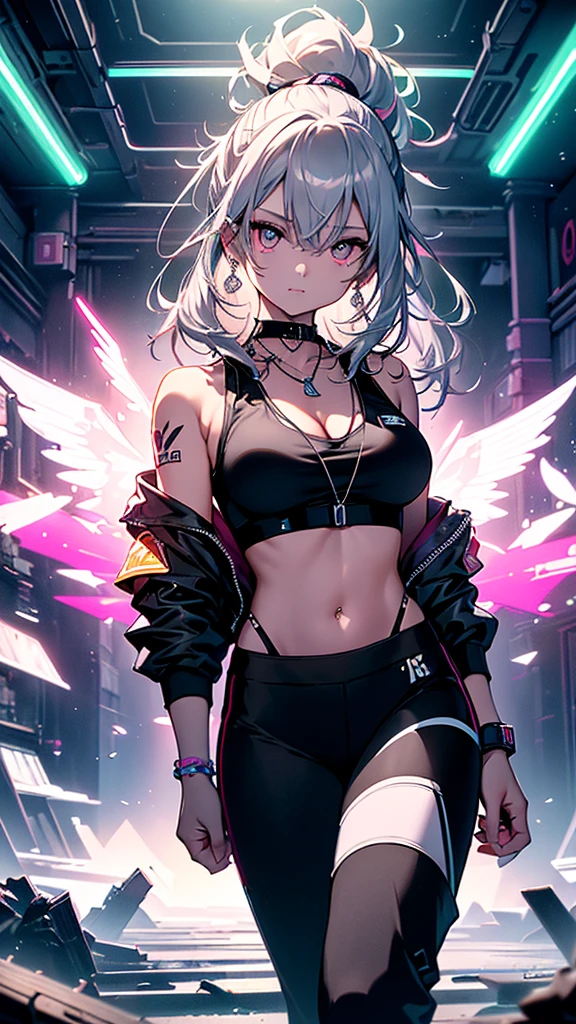 最high quality、best image quality、masterpiece、girl((20-year-old、 By becoming、vest bust、medium bust,wide open breast tea、shining eyes, silver hair、long hair、thin,highest valley、black sports bra、black sports pants、shoulder tattoo,diamond earrings、Wristband、black jacket、necklace、cool pose)),high quality、beautiful art、background((Virtual space、neon lighting、neon light、Live feeling))、Flight、debris flies、Depth of written boundary、movie、visual art、perfect art、8K,genuine、Dynamic Performance