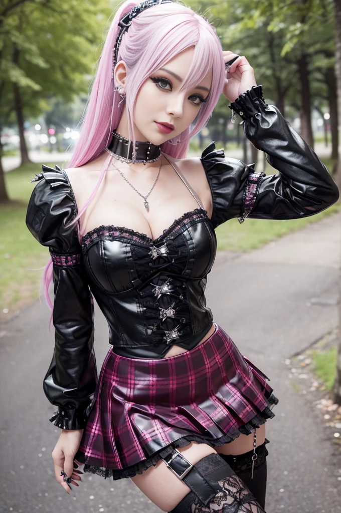 sexy stylish female model, only 1 female, ((doll-like appearance)), long dramatic stylish hair, ((shiny Punk-Style boots)), (big smile), ultra detailed eyes, Punk makeup, lip-gloss, ((sexy Punk ta cosplay)), unconventional skirt, petticoats, high neckline, ((ultra detailed lace)), ((ultra detailed embroidery)), intricate details, tartan patterns, safety pins, Punk Loliccessoires, Punk Lolita cr, ((large sparkling Punk Lolita jewel, cinematic light, detailed large park background with trees