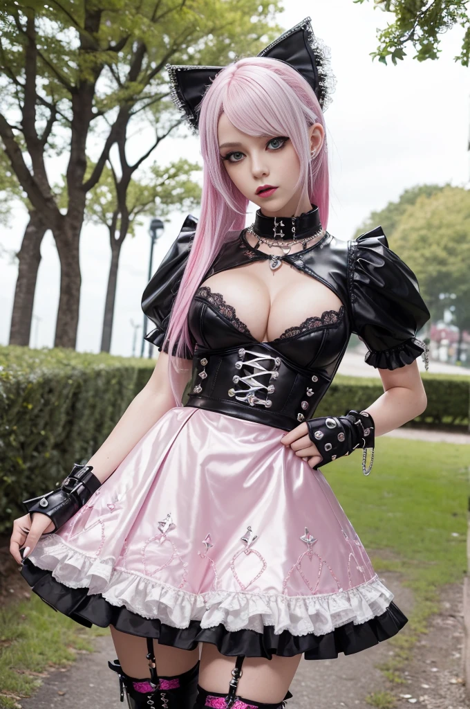 sexy stylish Swedish model, only 1 female, ((doll-like appearance)), long neon pink stylish hair, ((shiny Punk-Style boots)), (smiling face), ultra detailed eyes, Punk makeup, lipgloss, ((sexy Punk ta cosplay)), unconventional skirt, petticoats, high neckline, ((ultra detailed lace)), ((ultra detailed embroidery)), intricate details, tartan patterns, (silver chains), (silver spikes), (safety pins), Punk Loliccessoires, Punk Lolita cr, ((large sparkling Punk Lolita jewel, cinematic light, detailed large park background with trees