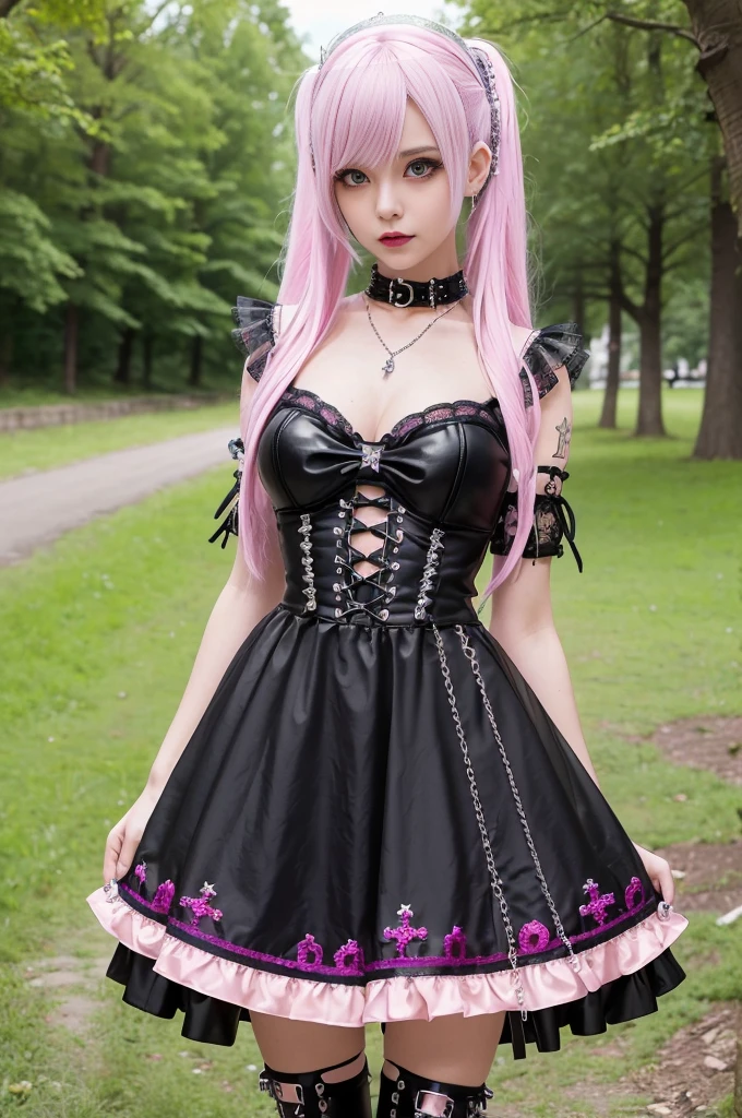 sexy stylish Swedish model, only 1 female, ((doll-like appearance)), long neon pink stylish hair, ((shiny Punk-Style boots)), (smiling face), ultra detailed eyes, Punk makeup, lipgloss, ((sexy Punk Lolita cosplay)), unconventional skirt, petticoats, high neckline, ((ultra detailed lace)), ((ultra detailed embroidery)), intricate details, tartan patterns, (silver chains), (silver spikes), (safety pins), Punk Lolita accessoires, Punk Lolita choker, ((large sparkling Punk Lolita jewelry)), cinematic light, detailed large park background with trees