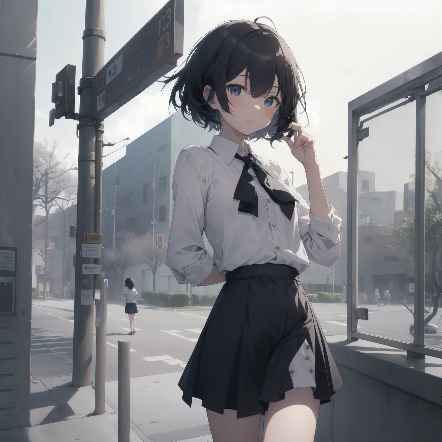 ultra-absurdres-Top quality by artist God, ultra-detailed, high resolution, anime moe artstyle, best anime 8k konachan wallpaper, pixiv contest winner, pool:2810, perfect anatomy,break, 1girl, (Please draw a girl walking sleepily to school alone. )break,(Solo,little female, 13-year-old:1.3),Full limbs, complete fingers,a junior high school student, (very short hair), short cut, flat chest, , small butt, small black eyes, beautiful detailed eyes, well-proportioned iris and pupils, expressive eyes, highres detailed hair, soft expression, salor school_uniform, sailor collar, serahuku, bow, pleated skirt,(Detailed Lighting), (Detailed background), in the School commute route. break,super detailed skin, Best cinematic lighting powered by famous artist, 8k,beauty illustration,photoshop_(medium),very aesthetic,break,((artist:mochi_au_lait )), artist:clamp ,artist:carnelian ,artist:kantoku ,