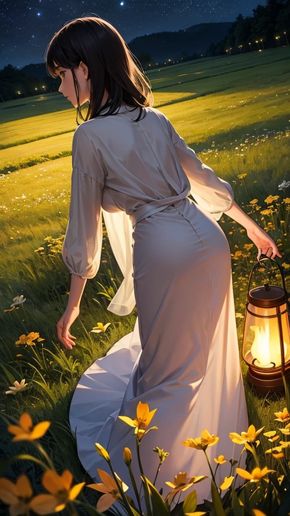 Firefly light at night、Fantastic、Back view of a man and woman in the middle of a grassland、