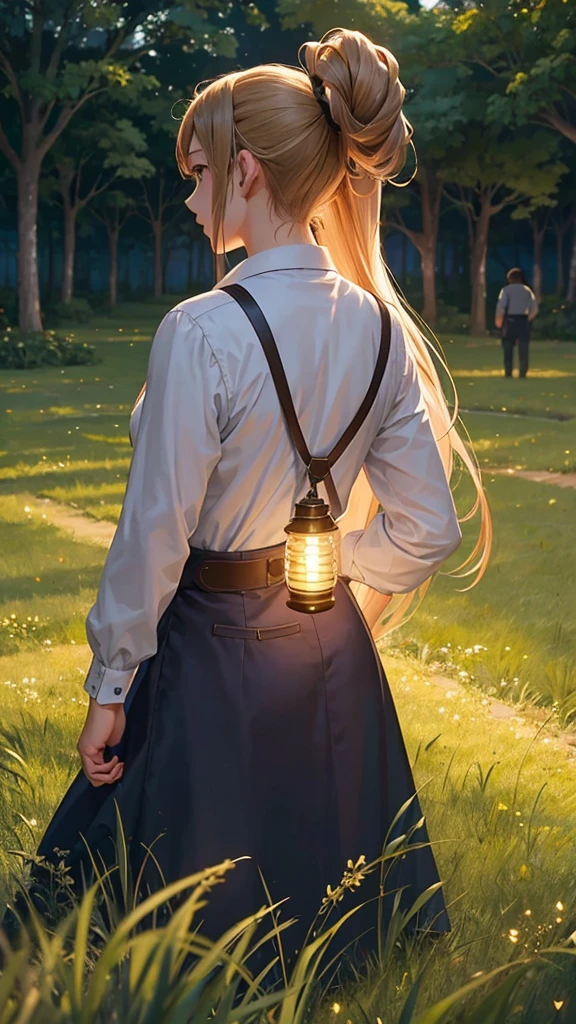 Firefly light at night、Fantastic、Back view of a man and woman in the middle of a grassland、Ghibli style、
