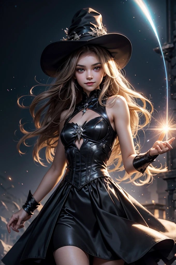 Perfect human body modeling, 1 girl, cute girl, pretty face, bitter smile, , Beautiful gray long hair, beautiful light brown eyes, flat chest, small build, No muscles, white skin, wizard, Big magic wand, gothic skirt, magical girl, little Medieval Dress, Princess Dresses, Big black hat, light particles, light sparkles, lens flare, Light particles, Magic light, strong light