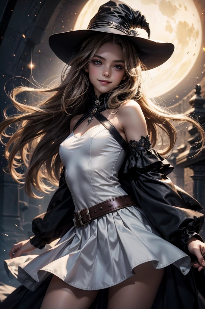 Perfect human body modeling, 1 girl, cute girl, pretty face, bitter smile, , Beautiful gray long hair, beautiful light brown eyes, flat chest, small build, No muscles, white skin, wizard, Big magic wand, gothic skirt, magical girl, little Medieval Dress, Princess Dresses, Big black hat, light particles, light sparkles, lens flare, Light particles, Magic light, strong light