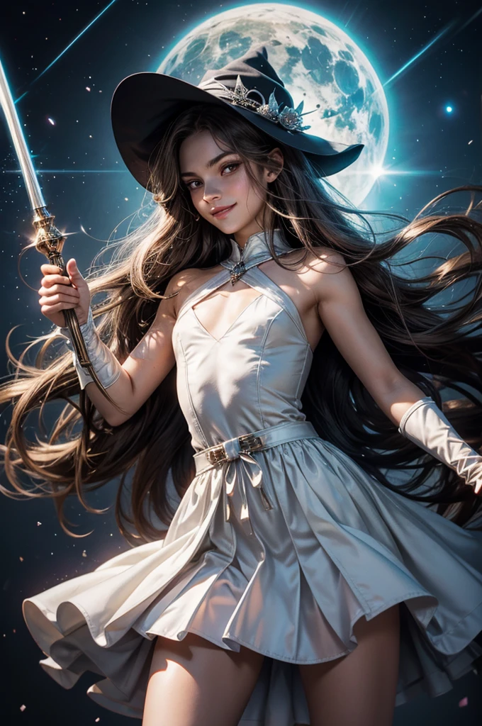 Perfect human body modeling, 1 girl, cute girl, pretty face, bitter smile, , Beautiful gray long hair, beautiful light brown eyes, flat chest, small build, No muscles, white skin, wizard, Big magic wand, gothic skirt, magical girl, little Medieval Dress, Princess Dresses, Big black hat, light particles, light sparkles, lens flare, Light particles, Magic light, strong light