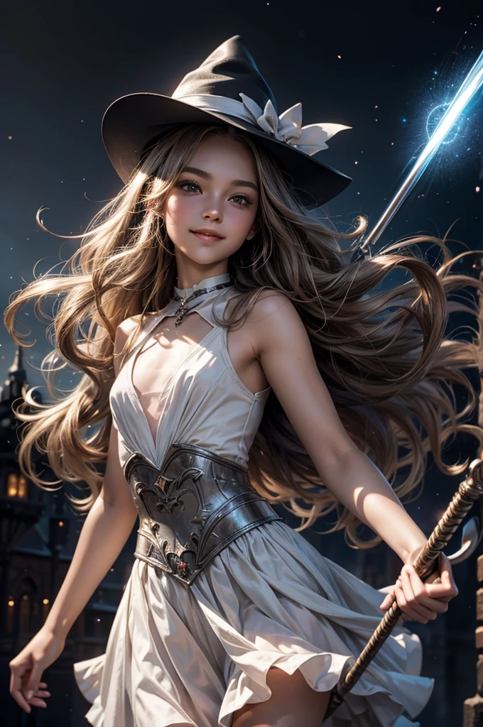 Perfect human body modeling, 1 girl, cute girl, pretty face, bitter smile, 16 years old, Beautiful gray long hair, beautiful light brown eyes, flat chest, small build, No muscles, white skin, wizard, Big magic wand, gothic skirt, magical girl, little Medieval Dress, Princess Dresses, Big black hat, light particles, light sparkles, lens flare, Light particles, Magic light, strong light