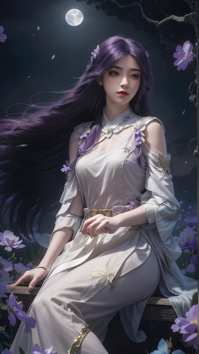 1girl, girl with long purple hair, smiling, cheerful, girl is sitting among a wide expanse of flowers, surrounded by beautiful flowers, Calm and peaceful atmosphere, night, moonlight , Beautiful glowing butterflies surround the girl lighting up the darkness of the night, magic,Romantic, the night breeze blows the Sepoi Sepoi girl's hair, 