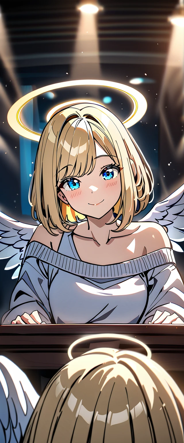 ((flying in the sky)), ((angel, big big white wings:1.3, halo:1.3)), ((sky)), ((())), (((cowboy shot))), archangel Uriel, ((wavy hair, outward curled hair)), evening, Sunset, ((blond hair, bob cut:1.3)), breasts, teenager, (looking at viewer), oversized clothes, puffy long sleeves, collarbone, ((off-shoulder sweater:1.3, Quite thick shoulder straps)), ((white sweater)), collarbone, head tilt:1.3, (((blue eyes))), ((happy smile)), (((anime style))), (best quality, 4K, 8K, highres, masterpiece:1.2, ultra-detailed, ultra-detailed eyes, HDR, uhd, studio lighting, ultra-fine painting, sharp focus, physically-based rendering, extreme detail description, professional, vivid colors, bokeh)