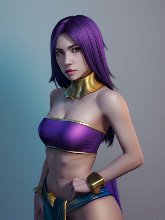 League of Legends character, Sorceress, 25 years old, dark skin, dark skinned female, long purple hair, purple eyes, purple lips, purple eyeliner, covered in tattoos, (Wearing: strapless top, loincloth, golden bracelets1.2). Whole body, Casual pose, Beautiful pose, (Extremely detailed CG 8k wallpaper), (Extremely delicate and beautiful), (Masterpiece), (Best quality: 1.0), (Ultra-high resolution: 1.0), Beautiful lighting, Perfect lighting, Realistic shadows, [high resolution], Detailed skin, Super detailed (((Colorful))), Digital art, League of Legends concept art, full body concept art, Expert concept art with high detail, concept-art, rpg game concept art, concept-art, Vonka Xu style, Video game concept art, 4K, full body portrait
