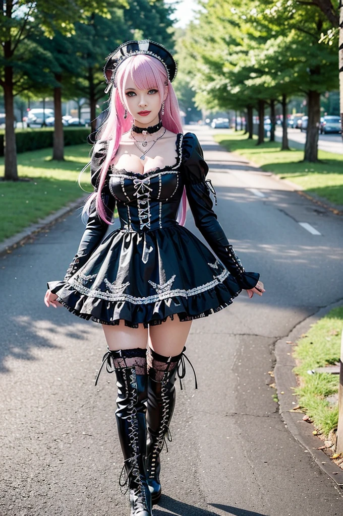 (Masterpiece, BestQuality:1.3), (ultra detailed:1.2), (hyperrealistic:1.3), (RAW photo:1.2), High detail RAW color photo, professional photograph, (Photorealistic:1.4), (realistic:1.4), (Pink Hair:1.5), professional lighting, perfect anatomy, (Big Breasts:1.2), (blush, detailed face), (cheerful Smile:1.5), Trending Hair&Trending Hairカラーをランダムに, earrings, necklace, bracelet, sexly, erotic sexly, Random sexy gravure poses, (Beautiful cosplayer wearing a purple and black Gothic Lolita dress、With a mysterious smile in the park、Holding a black rose。Lace headdress on head、On his feet he wears black boots。: 1.3)