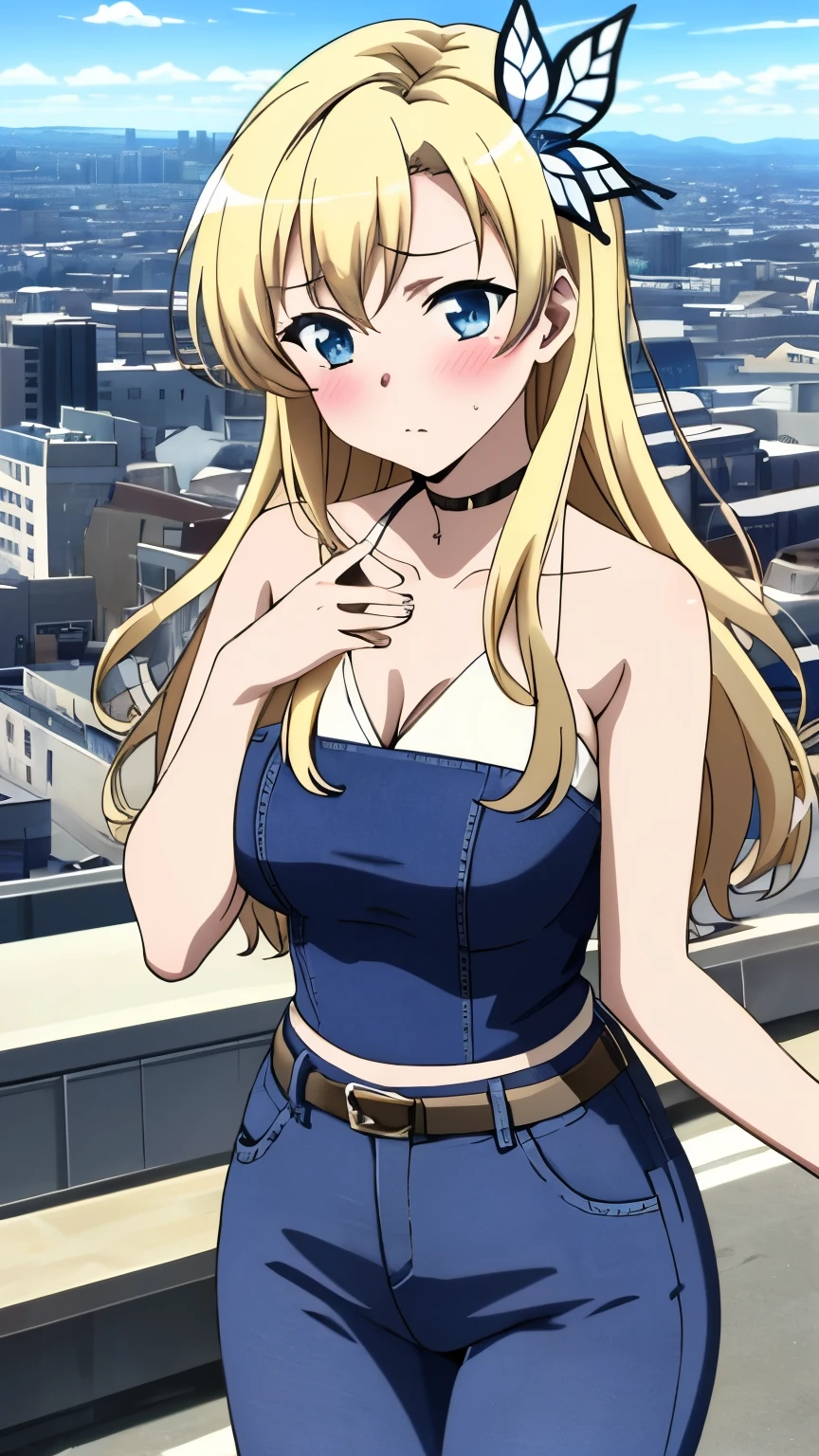 (masterpiece, best quality, 8k:1.2), (anime), sena, long hair, Blonde, hair ornament, glamour, Large medium breasts, (jeans_lure_clothing, city,  blush), dynamic angle