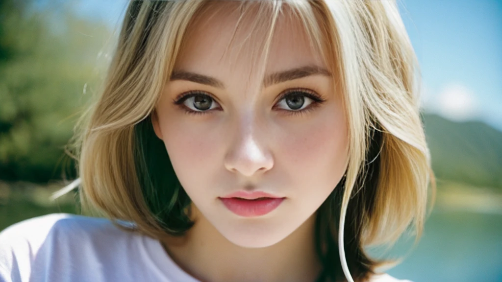 Beautiful blonde with big breasts in a T-shirt (Uyuni salt lake、walk),Wearing headphones,Very detailed, 21 years old, Innocent face, Bob Hair, blue eyes, High resolution, masterpiece, Highest quality, Intricate details, Very detailed, Clear focus, Delicate skin, practical skin texture, texture, Delicate eyes, Professional, 4K, Sad face,despair、 Shot with Canon, 85mm, Shallow and deep, Kodak Vision Color, Exactly, Very detailed, photograph_\(Extremist\), photographpractical, practical, Post-processing, Maximum details, Roughness, Real Life, Extremist practical, Photorealism, photographgraphy, 8K Ultra HD, photographgraphy