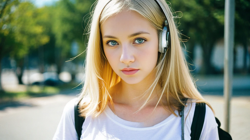 Beautiful blonde with big breasts in a T-shirt (Uyuni salt lake、walk),Wearing headphones,Very detailed, 21 years old, Innocent face, Bob Hair, blue eyes, High resolution, masterpiece, Highest quality, Intricate details, Very detailed, Clear focus, Delicate skin, practical skin texture, texture, Delicate eyes, Professional, 4K, Sad face,despair、 Shot with Canon, 85mm, Shallow and deep, Kodak Vision Color, Exactly, Very detailed, photograph_\(Extremist\), photographpractical, practical, Post-processing, Maximum details, Roughness, Real Life, Extremist practical, Photorealism, photographgraphy, 8K Ultra HD, photographgraphy