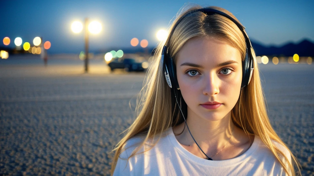 Beautiful blonde with big breasts in a T-shirt (Uyuni Salt Flats at night、walk),Wearing headphones,Very detailed, 21 years old, Innocent face, Long Straight Hair, blue eyes, High resolution, masterpiece, Highest quality, Intricate details, Very detailed, Clear focus, Delicate skin, practical skin texture, texture, Delicate eyes, Professional, 4K, Sad face,despair、 Shot with Canon, 85mm, Shallow and deep, Kodak Vision Color, Exactly, Very detailed, photograph_\(Extremist\), photographpractical, practical, Post-processing, Maximum details, Roughness, Real Life, Extremist practical, Photorealism, photographgraphy, 8K Ultra HD, photographgraphy
