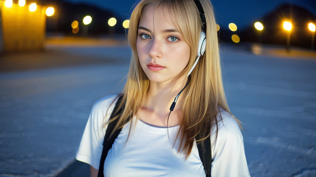 Beautiful blonde with big breasts in a T-shirt (Uyuni Salt Flats at night、walk),Wearing headphones,Very detailed, 21 years old, Innocent face, Long Straight Hair, blue eyes, High resolution, masterpiece, Highest quality, Intricate details, Very detailed, Clear focus, Delicate skin, practical skin texture, texture, Delicate eyes, Professional, 4K, Sad face,despair、 Shot with Canon, 85mm, Shallow and deep,  Kodak Vision Color, Exactly, Very detailed, photograph_\(Extremist\), photographpractical, practical, Post-processing, Maximum details, Roughness, Real Life, Extremist practical, Photorealism, photographgraphy, 8K Ultra HD, photographgraphy