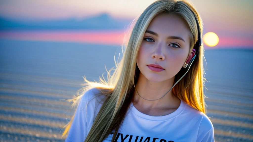 Beautiful blonde with big breasts in a T-shirt (Uyuni Salt Flats at night、walk),Wearing headphones,Very detailed, 21 years old, Innocent face, Long Straight Hair, blue eyes, High resolution, masterpiece, Highest quality, Intricate details, Very detailed, Clear focus, Delicate skin, practical skin texture, texture, Delicate eyes, Professional, 4K, Sad face,despair、 Shot with Canon, 85mm, Shallow and deep, Kodak Vision Color, Exactly, Very detailed, photograph_\(Extremist\), photographpractical, practical, Post-processing, Maximum details, Roughness, Real Life, Extremist practical, Photorealism, photographgraphy, 8K Ultra HD, photographgraphy
