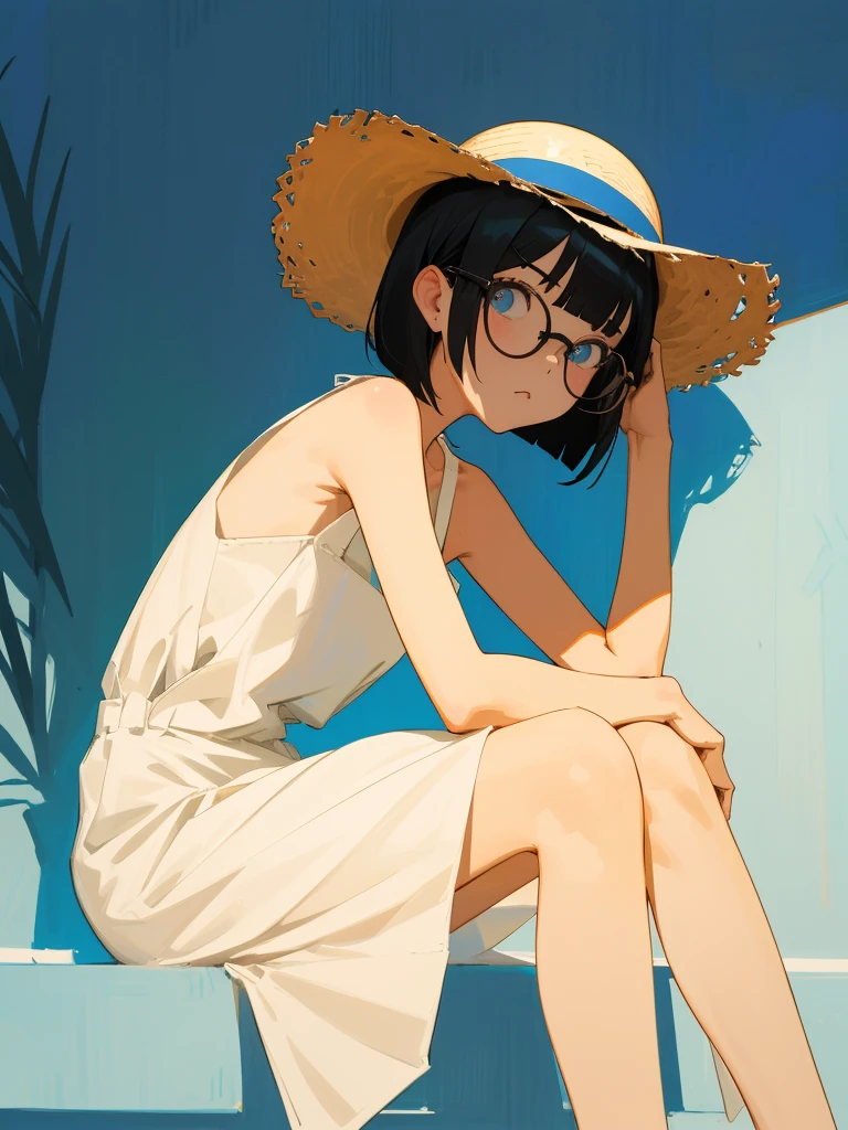 Create a flat style illustration of a girl with black bob hair and big blue eyes, Wearing round glasses. She was wearing a light beige sundress that exposed her shoulders...、wearing a large white straw hat。. The background should be solid blue. The character should be sitting sideways with their face turned slightly to the side, The overall style is、The shadows are kept to a minimum、Should be in soft tones.