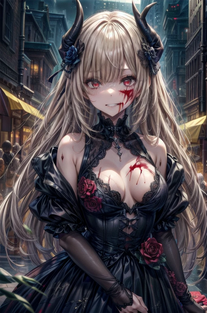 Crazy Smile, 狂ったeye, Cutely crafted luxurious hair band,(masterpiece:1.2, Highest quality), (Actual Photos, Intricate details), (1 female, alone, Upper Body, Small breasts) ，Scary atmosphere、Distorted facial expressions、Horror Art、Bloodの雨、Bloodを流す、Bloodしぶき、悪魔のeye、redいeye、scar、、火scar、whole body、Torn hair of a woman in slave clothes、（Long Hair）、（eyeにかかる長さの前髪）、、Black Hair、（（（eyeの下のクマ）））、青白いskin、Feeling unwell、Pathological、邪悪な笑face、狂ったeye、（Grin）Dramatic makeup，Create mixed media art、White Background(zombie:1.2),Horror 1 Girl, Open_mouth, , red_eye, Blood, Tilt_red_skin, bandage, Injury, Blood_On top of that_face, bandageを巻いた_arm, Blood_On top of that_zombie, Blood_On top of that_hand　Delicate features,disaster々new devil horns , Eyelids wide open, The trend is all,Crazy Smile, mouthを大きくOpen, mouthを開けてteethをむき出しにする,獣のような鋭いteeth, Wide lips, 非常に広いmouth, Vermilion cheeks, Blonde, Princess Cut, Ribbon hair ornament, brooch, Shiny candy blue dress, Gold embroidery,Lolita Style, Gothic style, Facing the audience, Otaku Room, Well-built body, Nice body, Ample breasts, Thick body,eyeを大きく開いて、Scary atmosphere、Distorted facial expressions、ねじれた笑face、Bloodまみれの、頭からの出Blood、Bloodしぶき、whole body、Long Hair、Long bangs、（（（eyeの下のクマ）））、青白いskin、Feeling unwell、Pathological、邪悪な笑face、狂ったeye、（Grin）Dramatic makeup，Create mixed media art,Well-built,Nice body,Broad shoulders,I focus,(face),Messy Hair,黄色いeye,(光るeye),(Bloodしぶき:1.6),red信号,笑face,big 笑face,teeth,psycho 笑face,gesugao,Dark city background,darkness,night,(close),良いeye, 良いteeth,サディスティックな笑face,,all,光沢のあるskin,詳細なface,Beautiful body,whole body油まみれで光沢感がある　whole bodyから湯気が出ている　Steam like a sauna room fills the screen..　mouthからの白い息　Luxurious lace long gloves