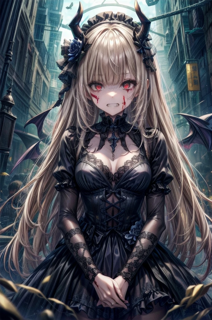 Crazy Smile, 狂ったeye, Cutely crafted luxurious hair band,(masterpiece:1.2, Highest quality), (Actual Photos, Intricate details), (1 female, alone, Upper Body, Small breasts) ，Scary atmosphere、Distorted facial expressions、Horror Art、Bloodの雨、Bloodを流す、Bloodしぶき、悪魔のeye、redいeye、scar、、火scar、whole body、Torn hair of a woman in slave clothes、（Long Hair）、（eyeにかかる長さの前髪）、、Black Hair、（（（eyeの下のクマ）））、青白いskin、Feeling unwell、Pathological、邪悪な笑face、狂ったeye、（Grin）Dramatic makeup，Create mixed media art、White Background(zombie:1.2),Horror 1 Girl, Open_mouth, , red_eye, Blood, Tilt_red_skin, bandage, Injury, Blood_On top of that_face, bandageを巻いた_arm, Blood_On top of that_zombie, Blood_On top of that_hand　Delicate features,disaster々new devil horns , Eyelids wide open, The trend is all,Crazy Smile, mouthを大きくOpen, mouthを開けてteethをむき出しにする,獣のような鋭いteeth, Wide lips, 非常に広いmouth, Vermilion cheeks, Blonde, Princess Cut, Ribbon hair ornament, brooch, Shiny candy blue dress, Gold embroidery,Lolita Style, Gothic style, Facing the audience, Otaku Room, Well-built body, Nice body, Ample breasts, Thick body,eyeを大きく開いて、Scary atmosphere、Distorted facial expressions、ねじれた笑face、Bloodまみれの、頭からの出Blood、Bloodしぶき、whole body、Long Hair、Long bangs、（（（eyeの下のクマ）））、青白いskin、Feeling unwell、Pathological、邪悪な笑face、狂ったeye、（Grin）Dramatic makeup，Create mixed media art,Well-built,Nice body,Broad shoulders,I focus,(face),Messy Hair,黄色いeye,(光るeye),(Bloodしぶき:1.6),red信号,笑face,big 笑face,teeth,psycho 笑face,gesugao,Dark city background,darkness,night,(close),良いeye, 良いteeth,サディスティックな笑face,,all,光沢のあるskin,詳細なface,Beautiful body,whole body油まみれで光沢感がある　whole bodyから湯気が出ている　Steam like a sauna room fills the screen..　mouthからの白い息　Luxurious lace long gloves