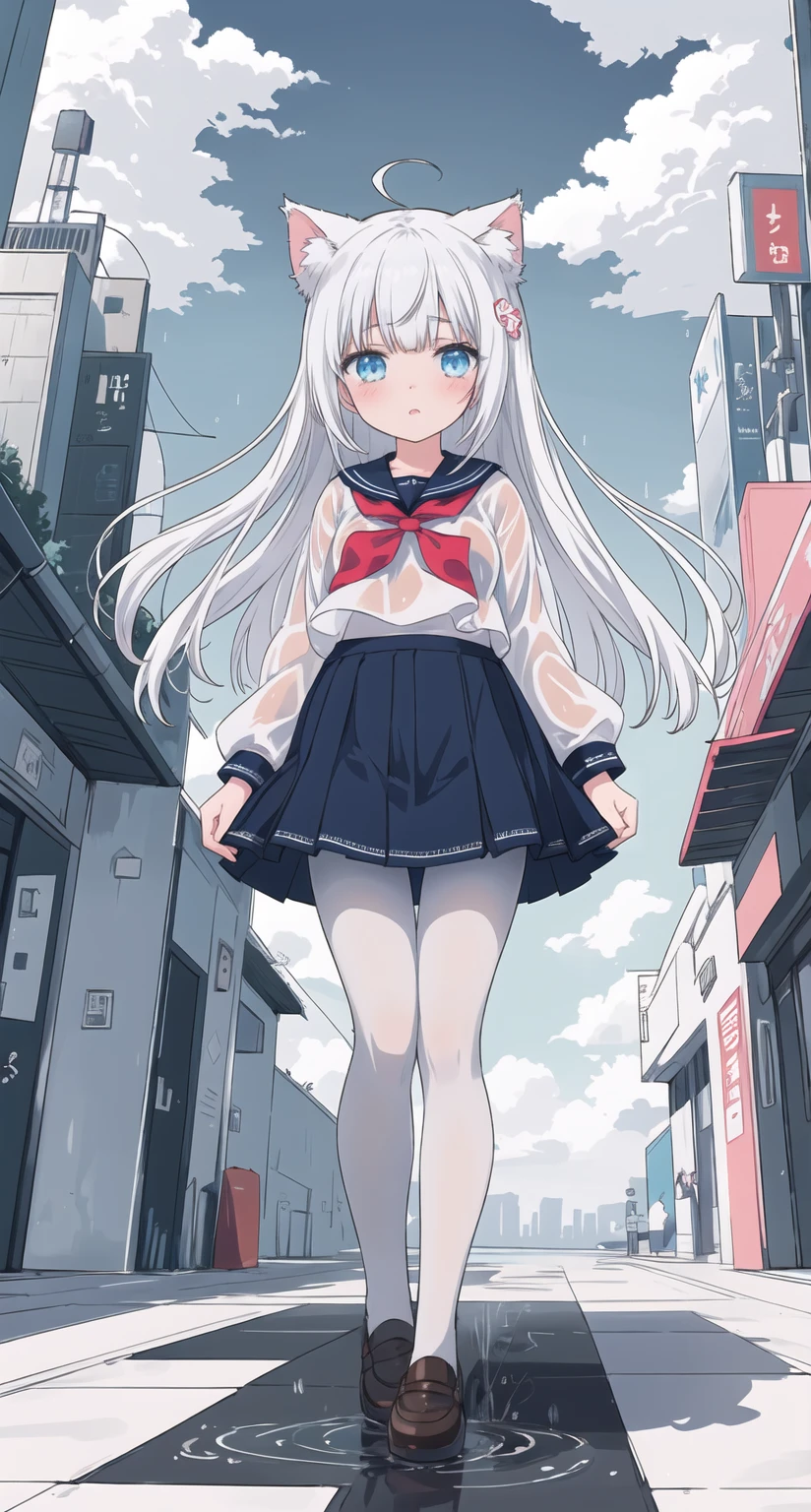 (((masterpiece))), best quality, Very detailed,Extremely detailed CG unity 8k wallpaper,illustration,A girl,(Solitary),Sailor Suit,White mini skirt,Long hair,White pantyhose,horizon,blues sky and clouds,wet,rain,Detailed city,Cyberpunk,Clear focus,High-rise buildings in the distance,Cat ears