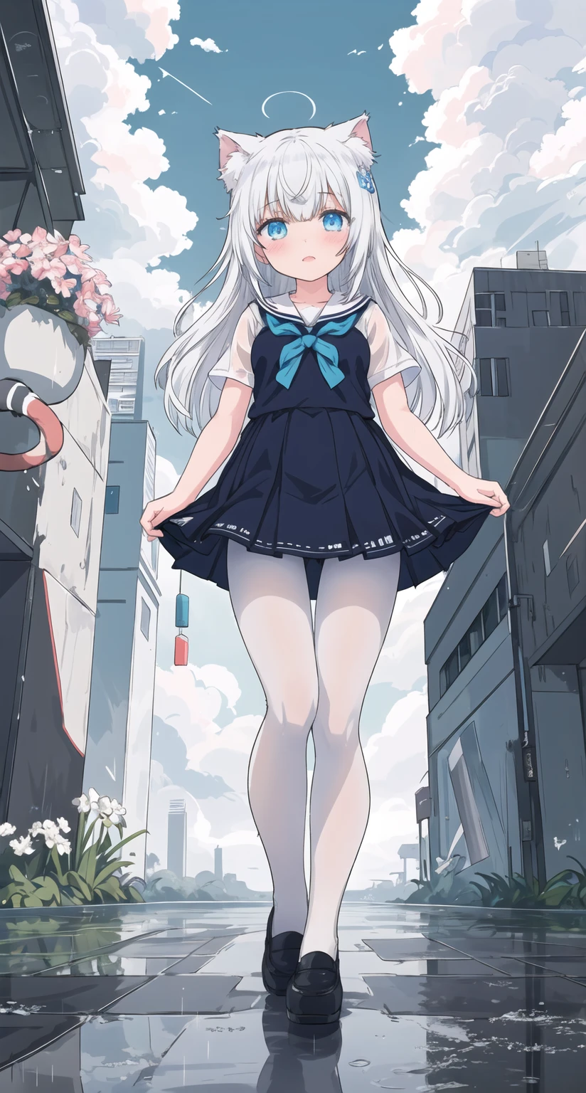 (((masterpiece))), best quality, Very detailed,Extremely detailed CG unity 8k wallpaper,illustration,A girl,(Solitary),Sailor Suit,White mini skirt,Long hair,White pantyhose,horizon,blues sky and clouds,wet,rain,Detailed city,Cyberpunk,Clear focus,High-rise buildings in the distance,Cat ears