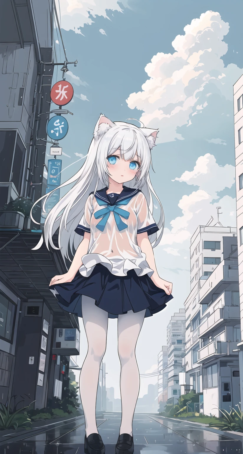 (((masterpiece))), best quality, Very detailed,Extremely detailed CG unity 8k wallpaper,illustration,A girl,(Solitary),Sailor Suit,White mini skirt,Long hair,White pantyhose,horizon,blues sky and clouds,wet,rain,Detailed city,Cyberpunk,Clear focus,High-rise buildings in the distance,Cat ears