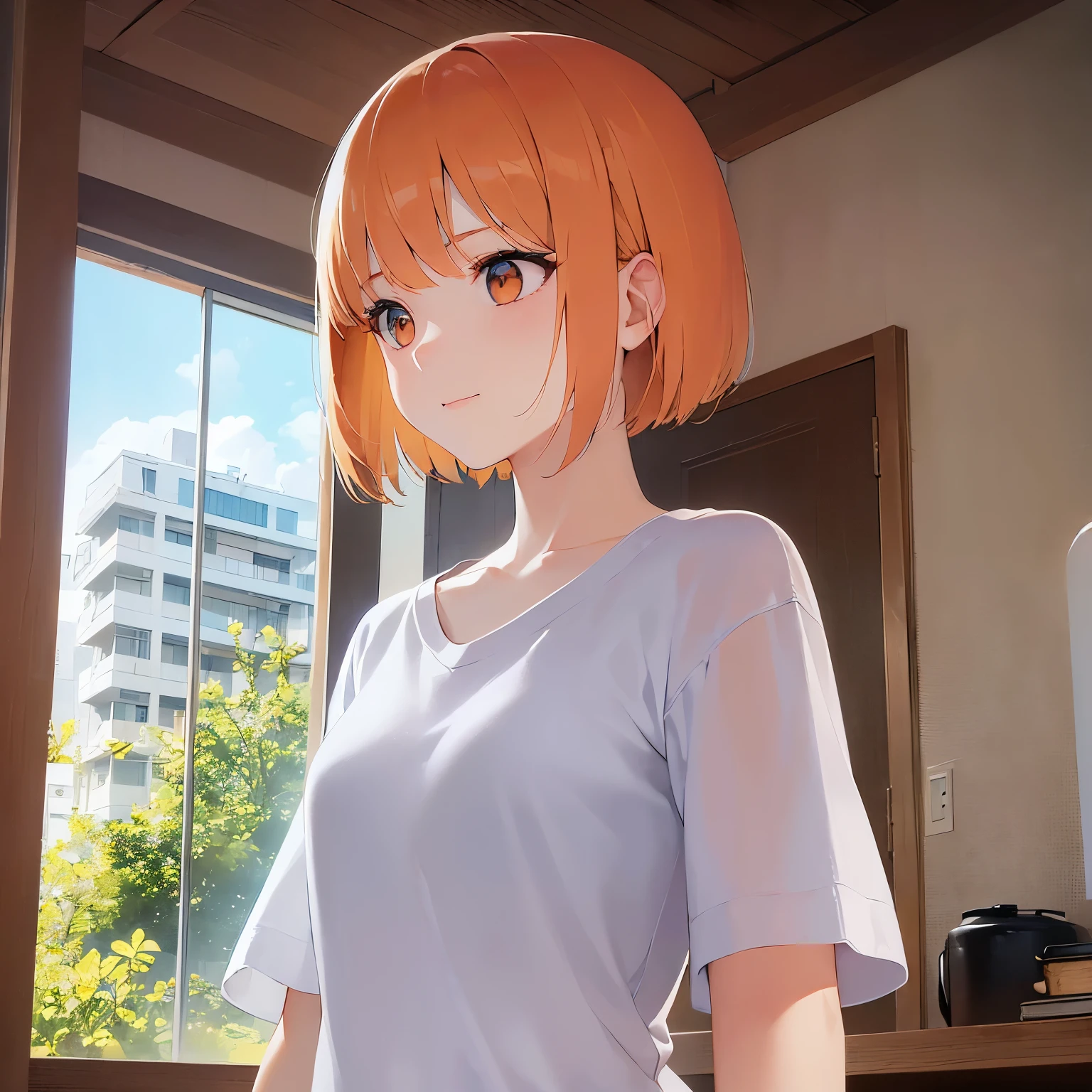 (looking away:1.5),Side shot、Upper Body, Realistic, real person, (pale skin: 1.2), RAW photo, photorealistic, shiny skin, shiny hair、(A 25-year-old woman with a bob cut and bangs) and (orange hair) and (Orange Eyes) , Wearing a white V-neck T-shirt 、smile, The background is the living room、chatting