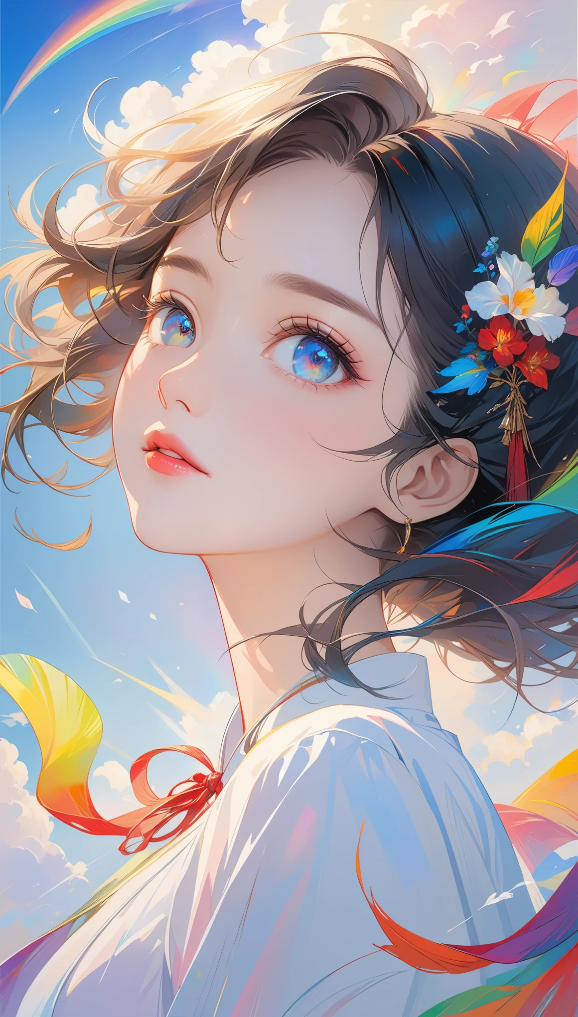 Chinese woman, close-up of face, soaring female image **** of ribbon, smoking, in the sky, bright colors, mysterious colors, modern impressionism, portraiture Yanjun Cheng, rainbow painting, 3/4 perspective view, lovely face, low angle, wide rotation composition, large, beautiful crystal eyes, large iris, ultra high definition, human development report, 8,000, (masterpiece: 1.5), (The most beautiful portrait in the world: 1.5)