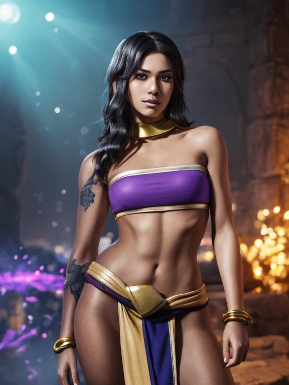 League of Legends character, Sorceress, 25 years old, dark skin, dark skinned female, long purple hair, purple eyes, purple lips, purple eyeliner, covered in tattoos, (Wearing: strapless top, loincloth, golden bracelets1.2). Whole body, Casual pose, Beautiful pose, (Extremely detailed CG 8k wallpaper), (Extremely delicate and beautiful), (Masterpiece), (Best quality: 1.0), (Ultra-high resolution: 1.0), Beautiful lighting, Perfect lighting, Realistic shadows, [high resolution], Detailed skin, Super detailed (((Colorful))), Digital art, League of Legends concept art, full body concept art, Expert concept art with high detail, concept-art, rpg game concept art, concept-art, Vonka Xu style, Video game concept art, 4K, full body portrait
