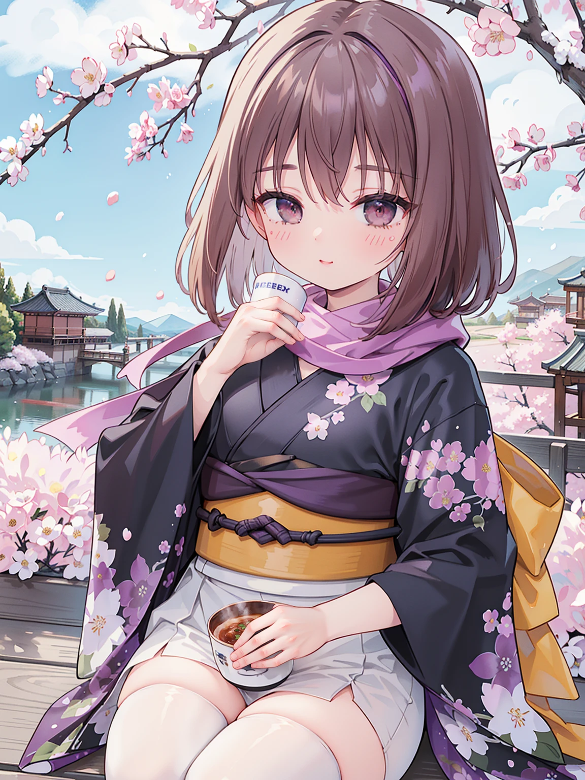 Extremely detailed CG unified 8k wallpaper, Very beautiful 8KCG wallpaper, ， ，best quality ，Ultra Detailed ，Pretty Face  ，masterpiece、Top quality ，best quality ，Ultra Detailed ，Pretty Face、masterpiece、Top quality、scarf、Kanzaki Sumi、cup、violet flower、Cherry Blossoms、Taisho cityscape